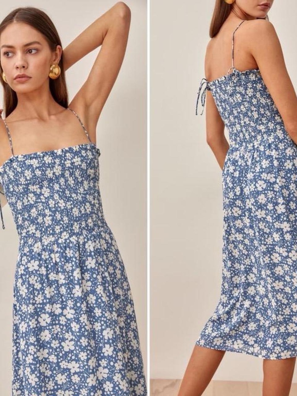 Reformation Blue and White Floral Smocked Midi Dress with Spaghetti Straps